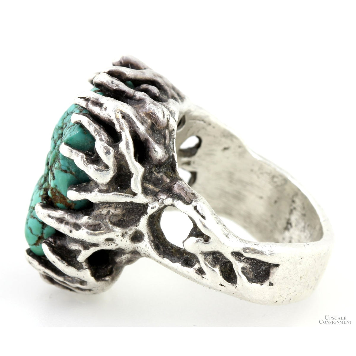Handcrafted Spiderweb Turquoise Brutalist Sterling Silver Ring