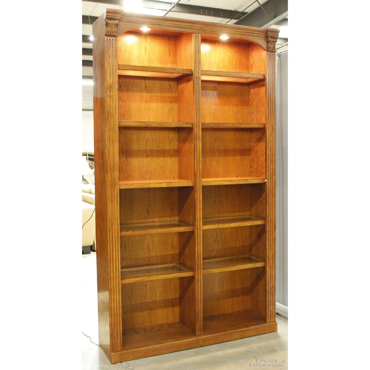 Lighted Oak Double Bookcase w/Glass Shelves
