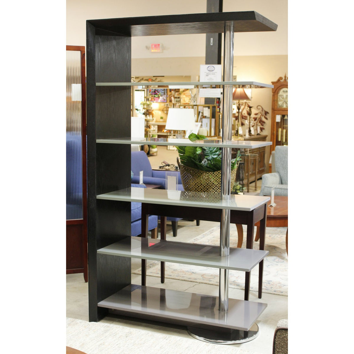 Modern Black Oak, Gray, & Chrome Etagere