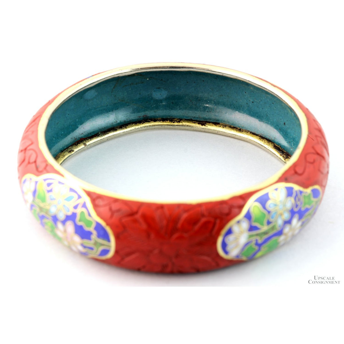 Carved Cinnabar Lacquer Bangle Cloisonné Panels - 66.7 mm