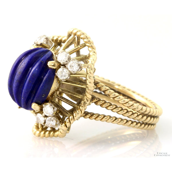 Vintage 14K Gold Carved Lapis Lazuli & Diamond Cocktail Ring