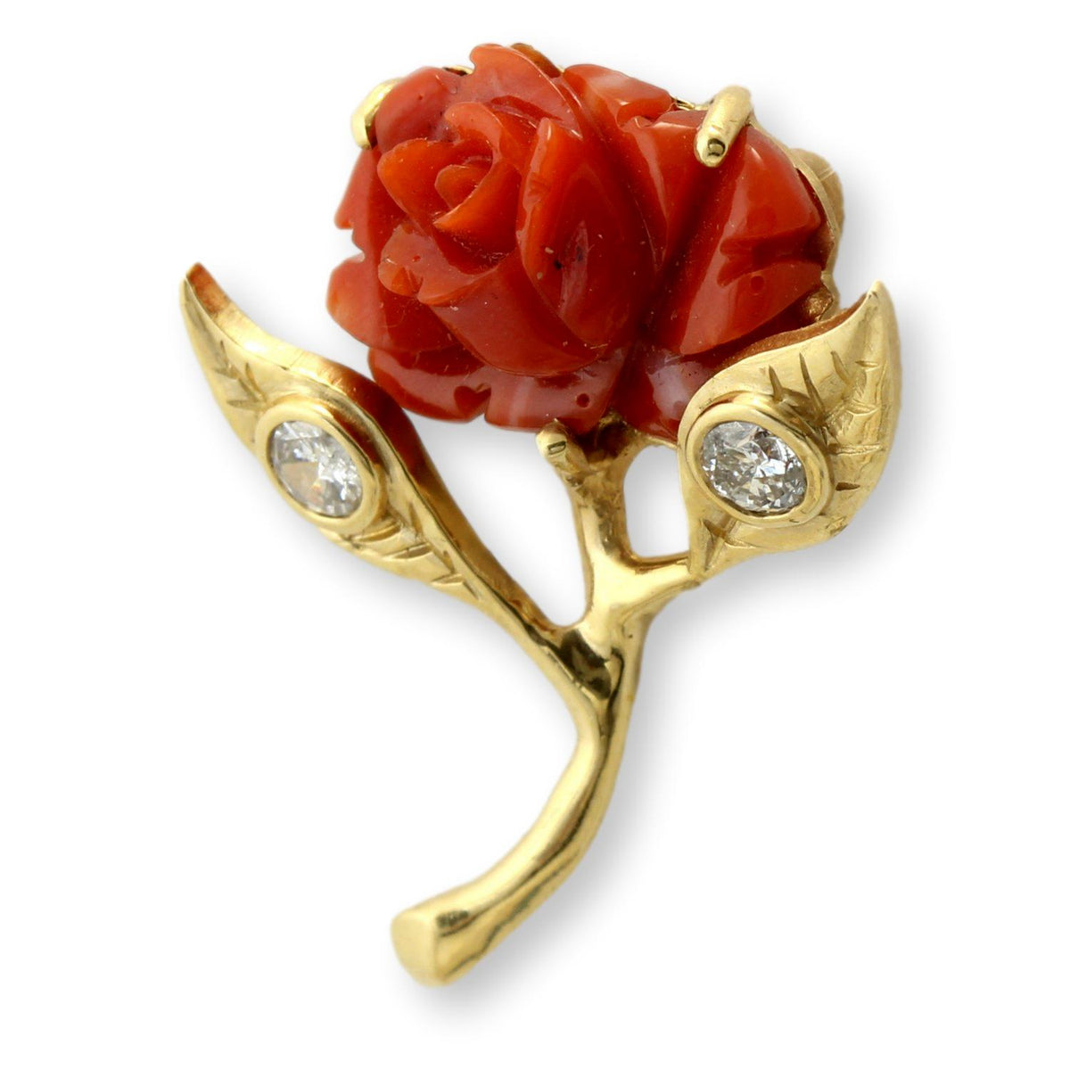 Custom 18K Gold Carved Coral Rose & Diamond Slide Pendant