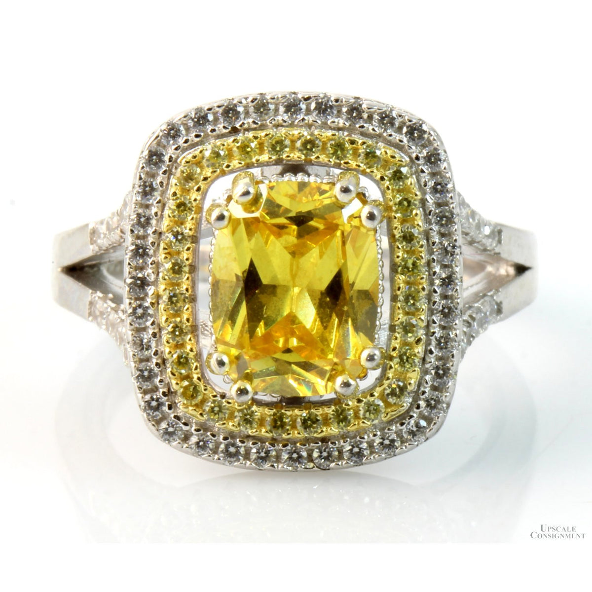 Sterling Silver Yellow & Colorless Double Halo CZ Ring