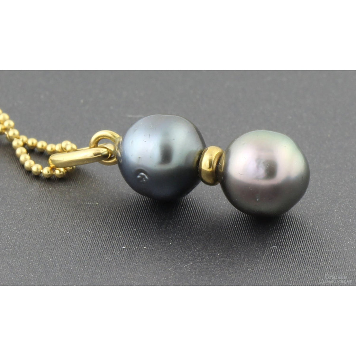 18K Gold Pendant & Chain Dark Gray Pearls - Peacock Overtones