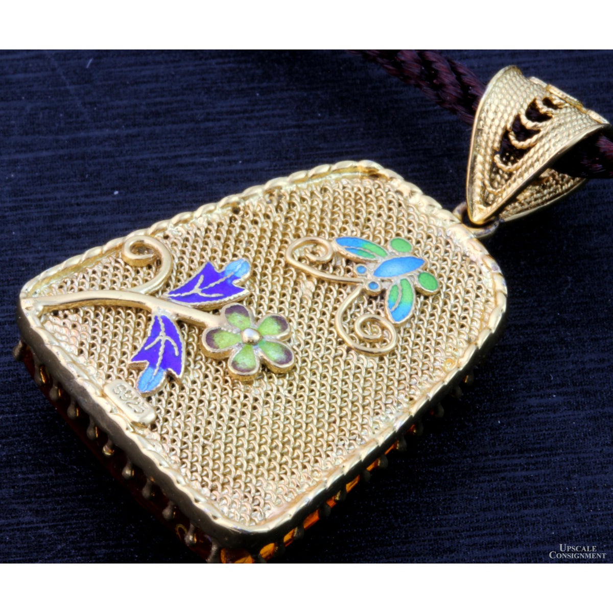 18K Gold Vermeil Filigree Design Enamel & Amber Pendant & Cord
