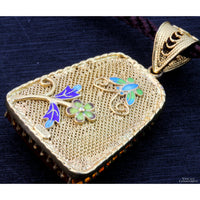 18K Gold Vermeil Filigree Design Enamel & Amber Pendant & Cord