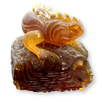 Hand-Carved Amber Lizard Sculpture with Wood Pedestal