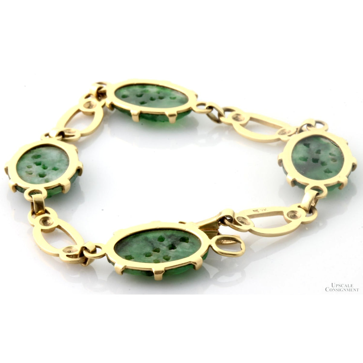 Carved Green Jadeite Jade 14K Gold Link Bracelet | Mid-Century