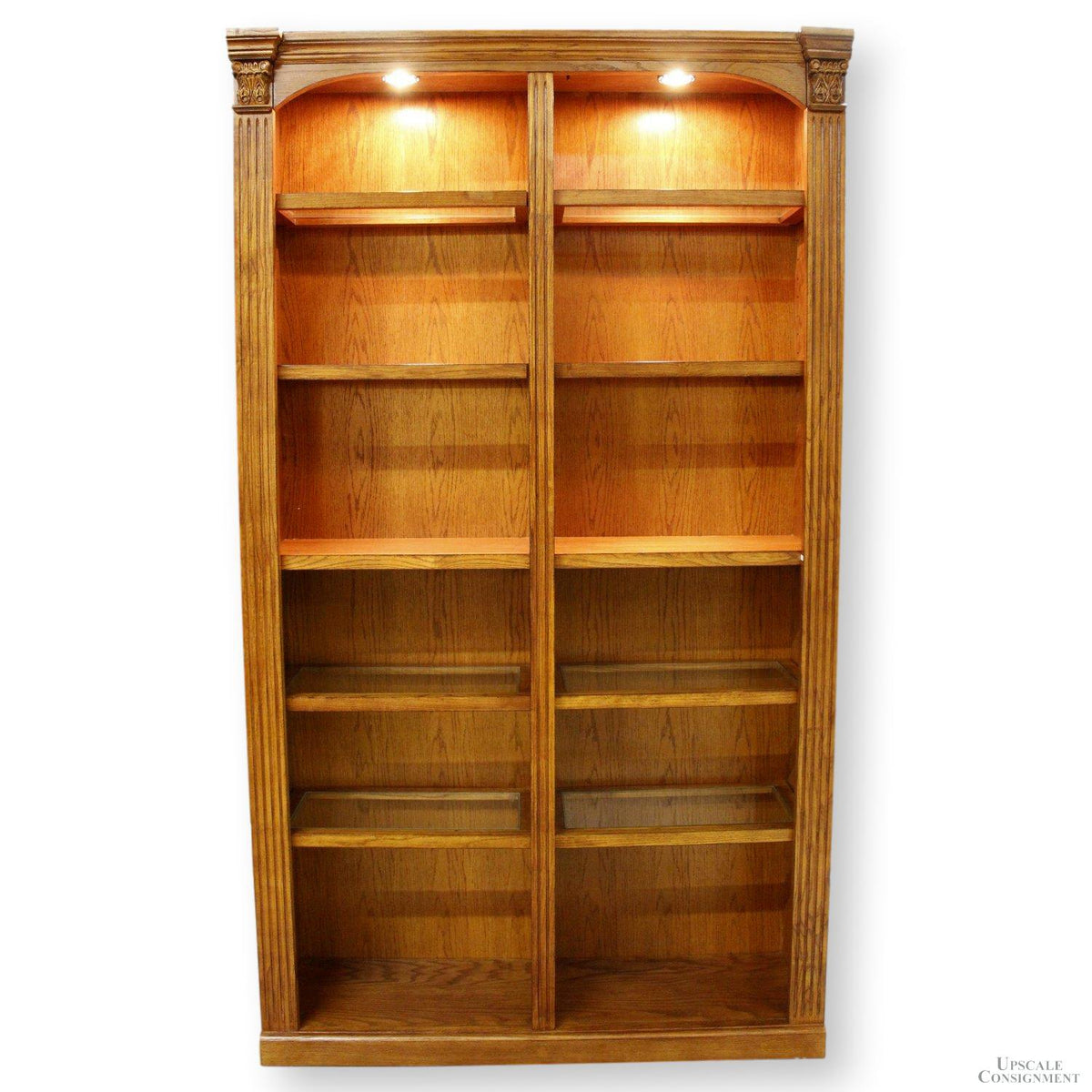 Lighted Oak Double Bookcase w/Glass Shelves
