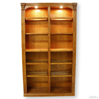 Lighted Oak Double Bookcase w/Glass Shelves