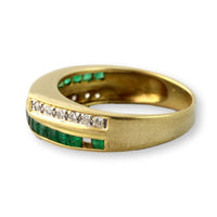 18K Yellow Gold Diamond & Emerald Ring – Tiered Deco-Inspired Design