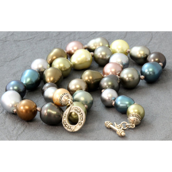 Multicolor Faux Pearl Strand Sterling Silver & Marcasite Clasp