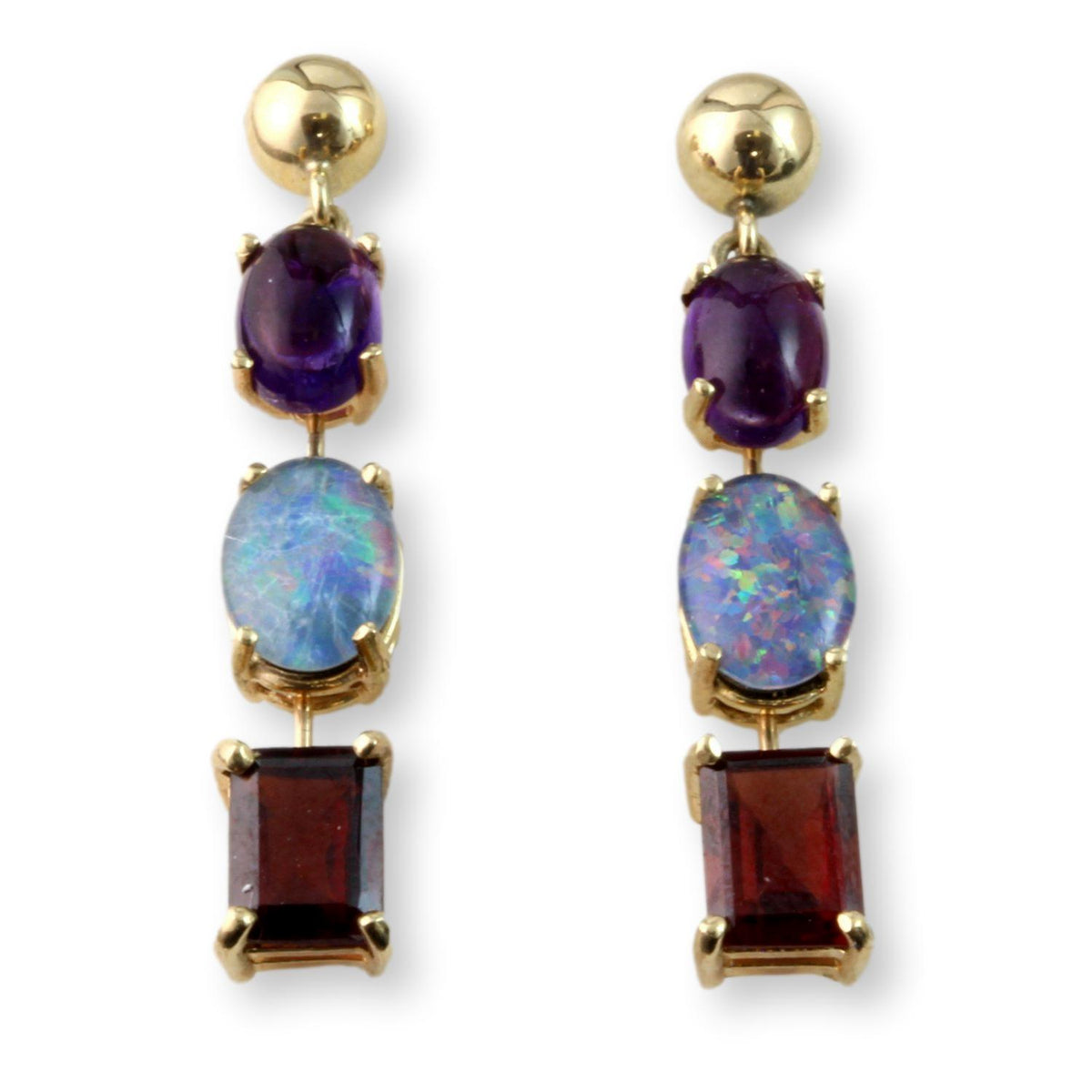 6.02ctw Garnet, Opal Triplet & Amethyst 14K Gold Earrings
