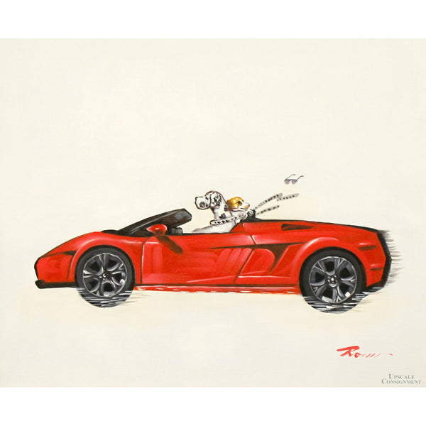 Original Painting Whimsical Dogs in a Red Sports Car