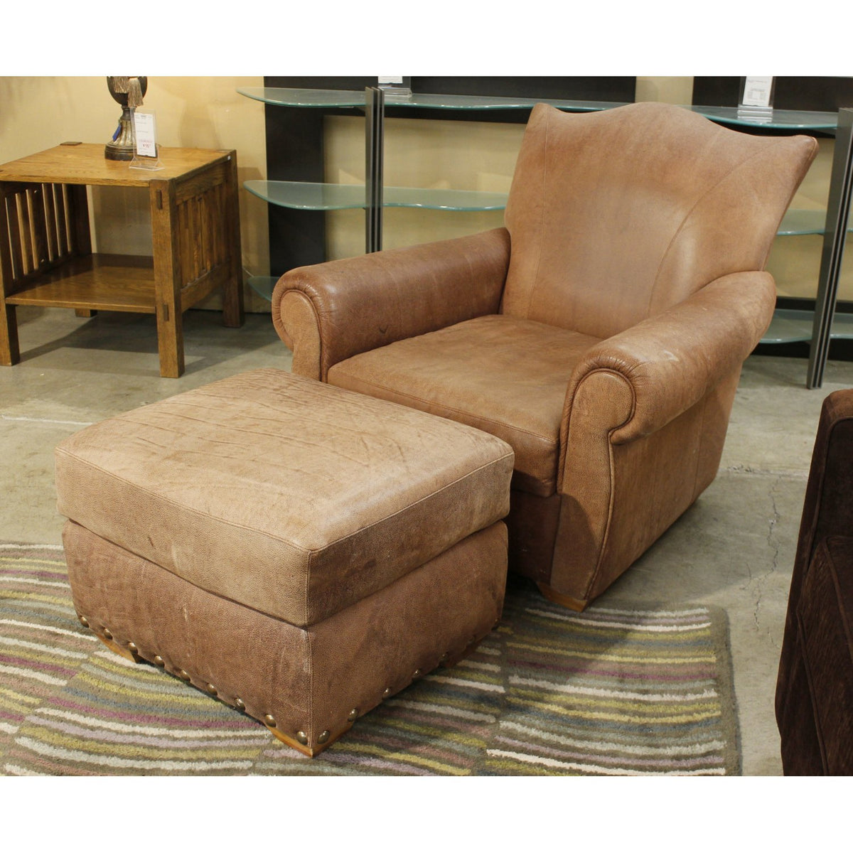 Brown Leather Club Chair & Ottoman