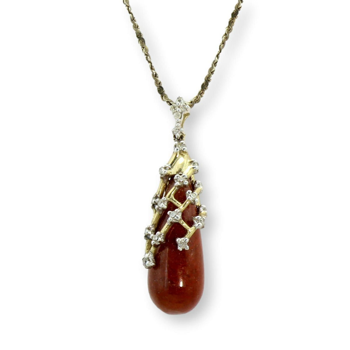 10K Gold Diamond-Accented Reddish-Orange Gemstone Pendant Necklace