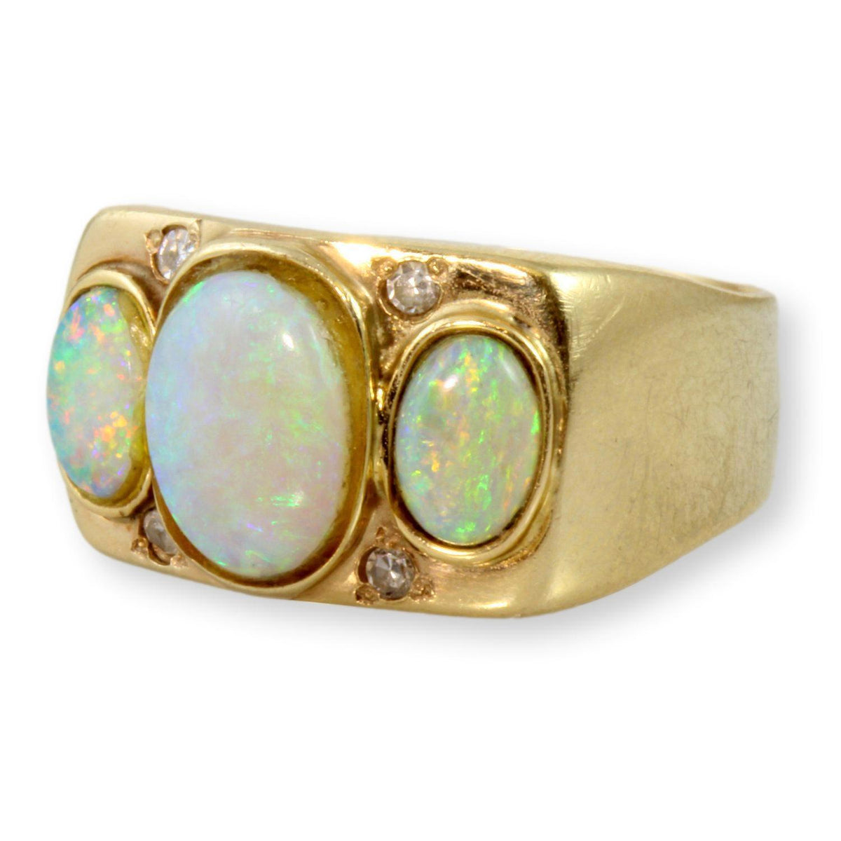 Three Stone Australian White Opal Diamond 14K Gold Ring