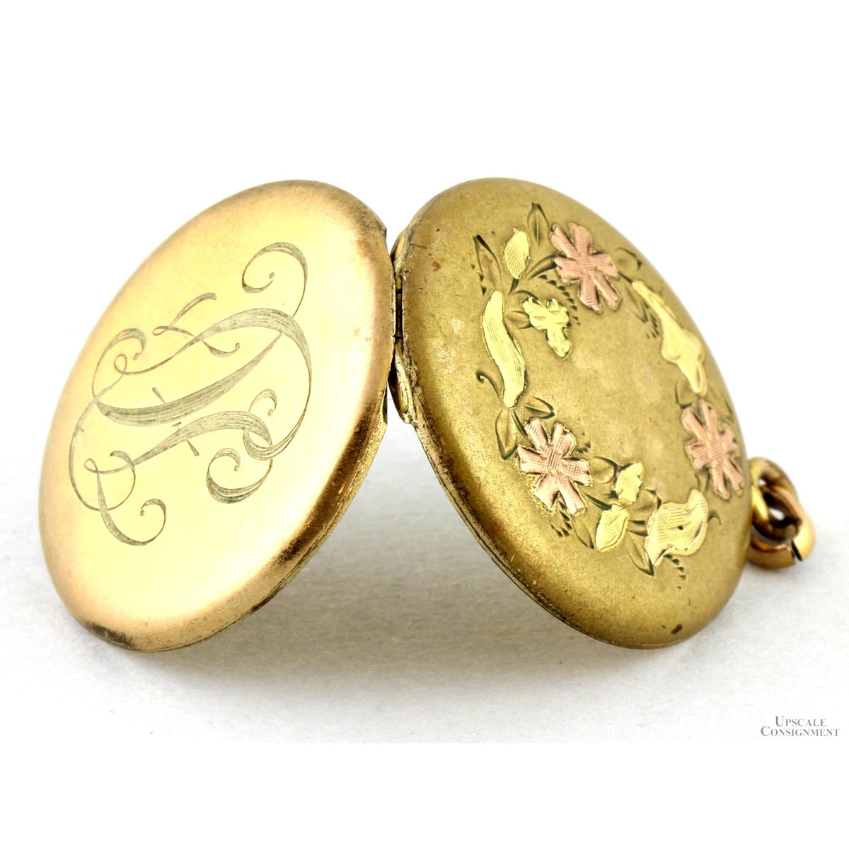 Gold-Tone Locket - Tri-Color Floral Motif & Script Monogram