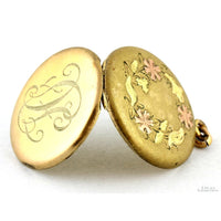 Gold-Tone Locket - Tri-Color Floral Motif & Script Monogram