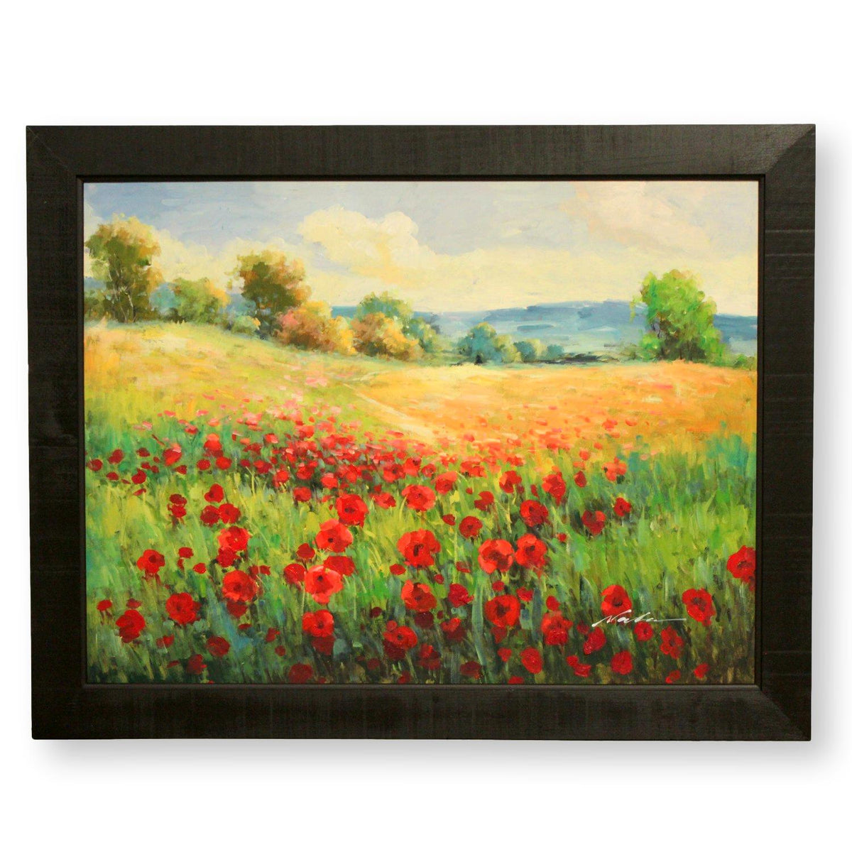 Framed Original Oil Red Flower Landscape