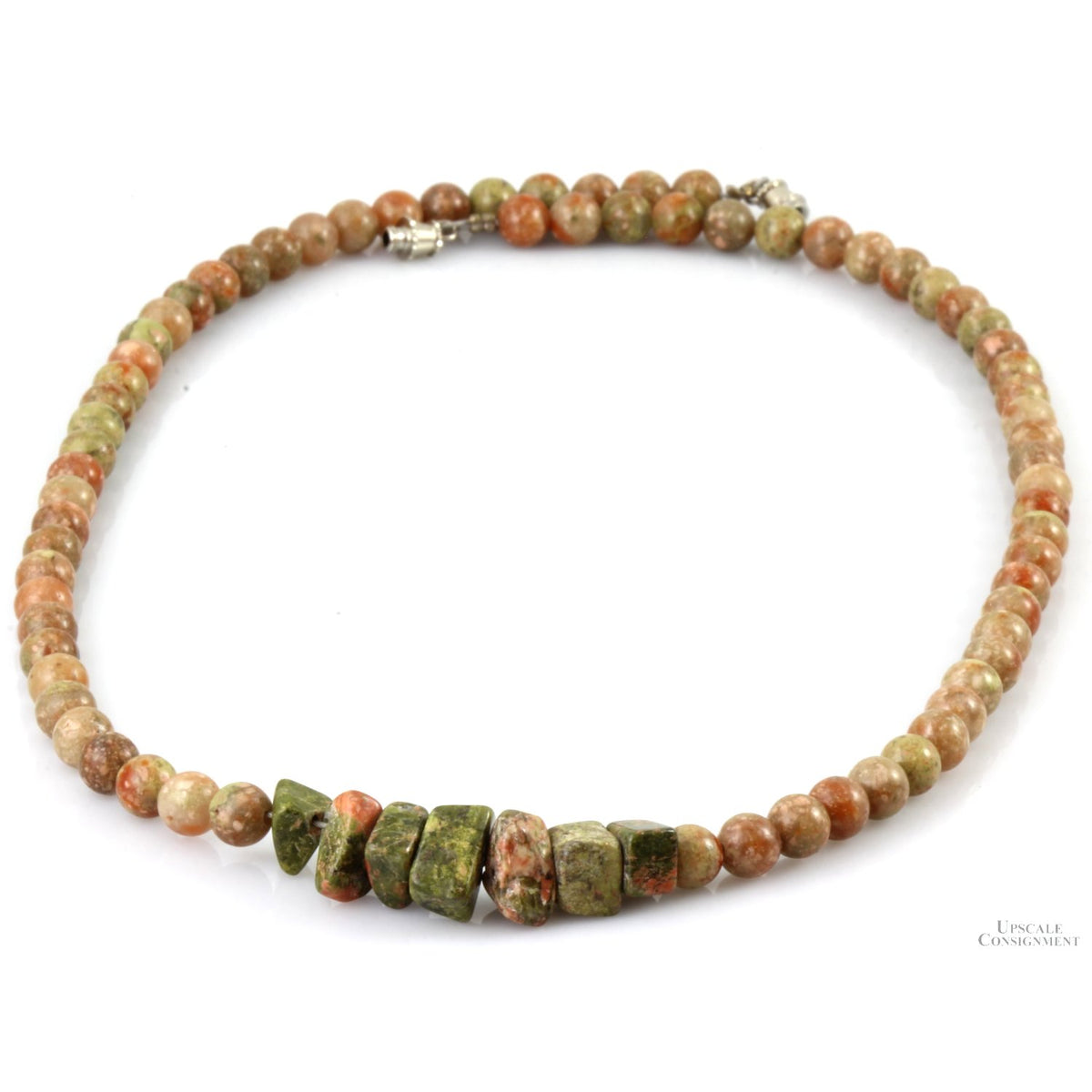 Unakite Round & Rough Bead Sterling Silver Necklace