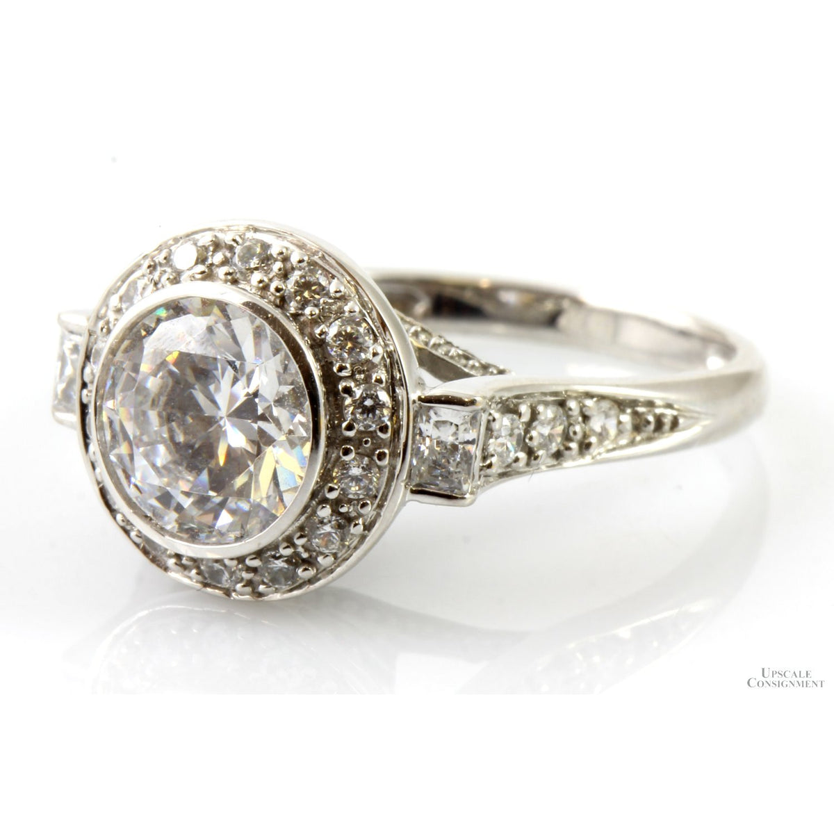 14K White Gold Round & Baguette CZ Tall Halo Ring