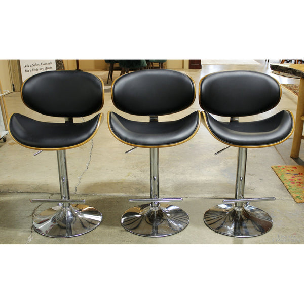 Set/3 Chrome & Black Leather Adjustable Height Bar Stools