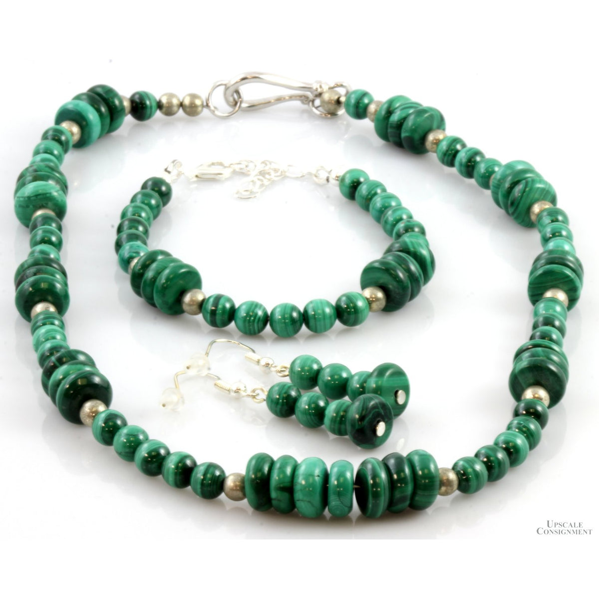 Natural Malachite Bead & Sterling Silver Three Piece Set