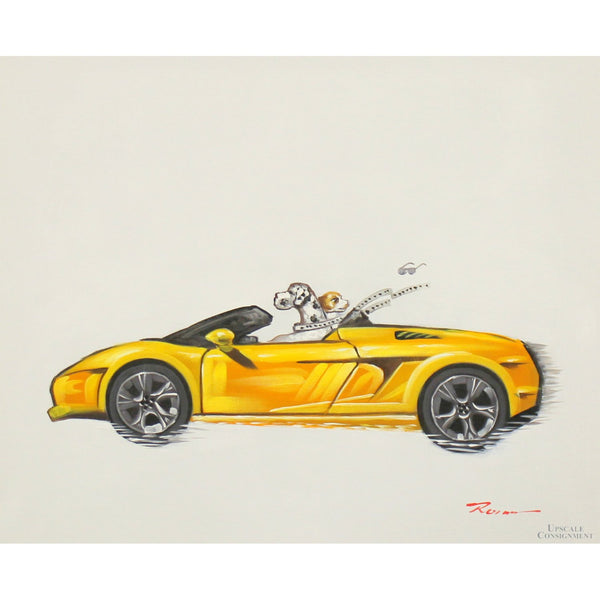 Original Painting Whimsical Dogs in a Yellow Sports Car