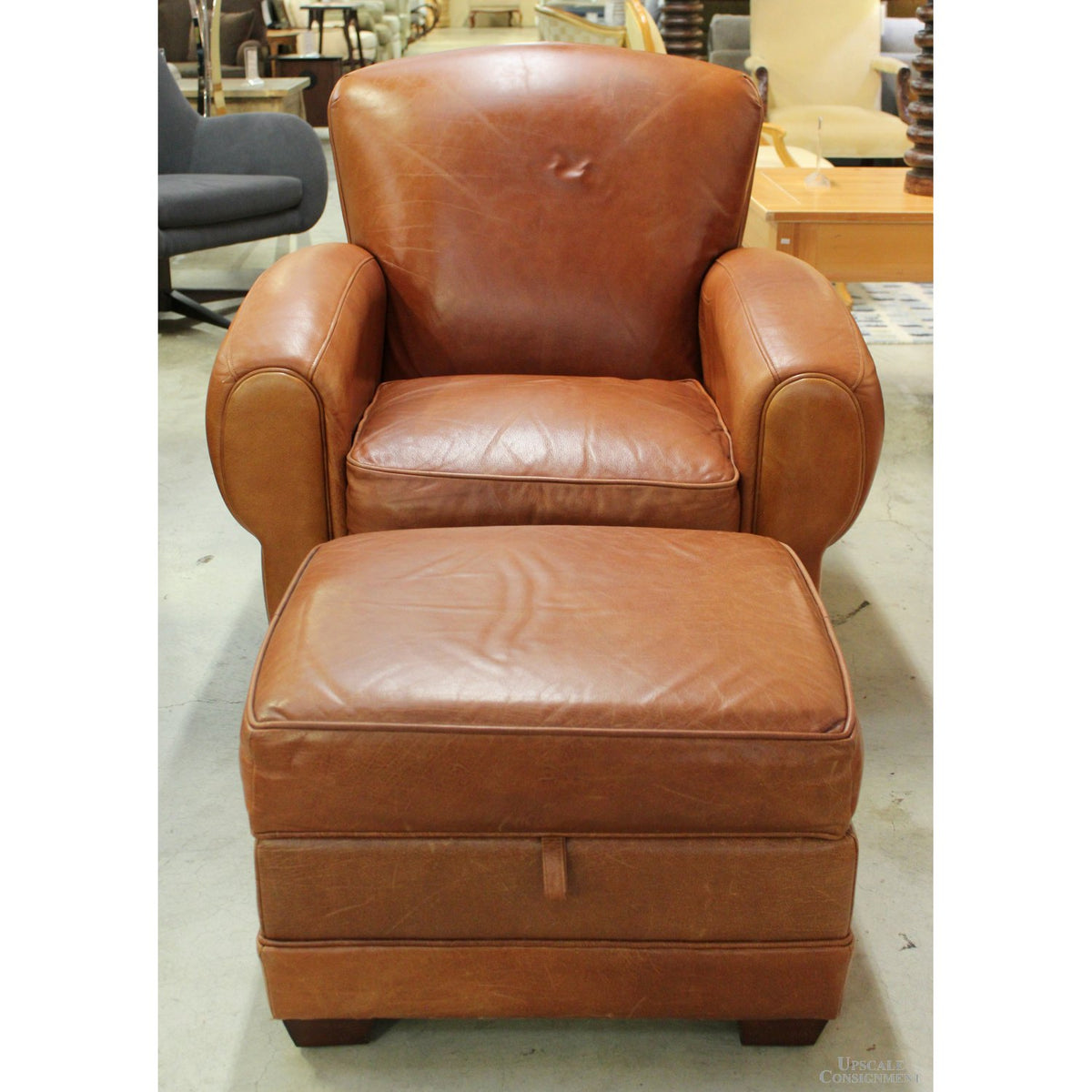 Cognac Leather Club Chair w/Storage Ottoman