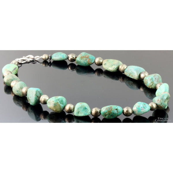 Green-Blue Turquoise Nugget & Silver Navajo Pearl Necklace