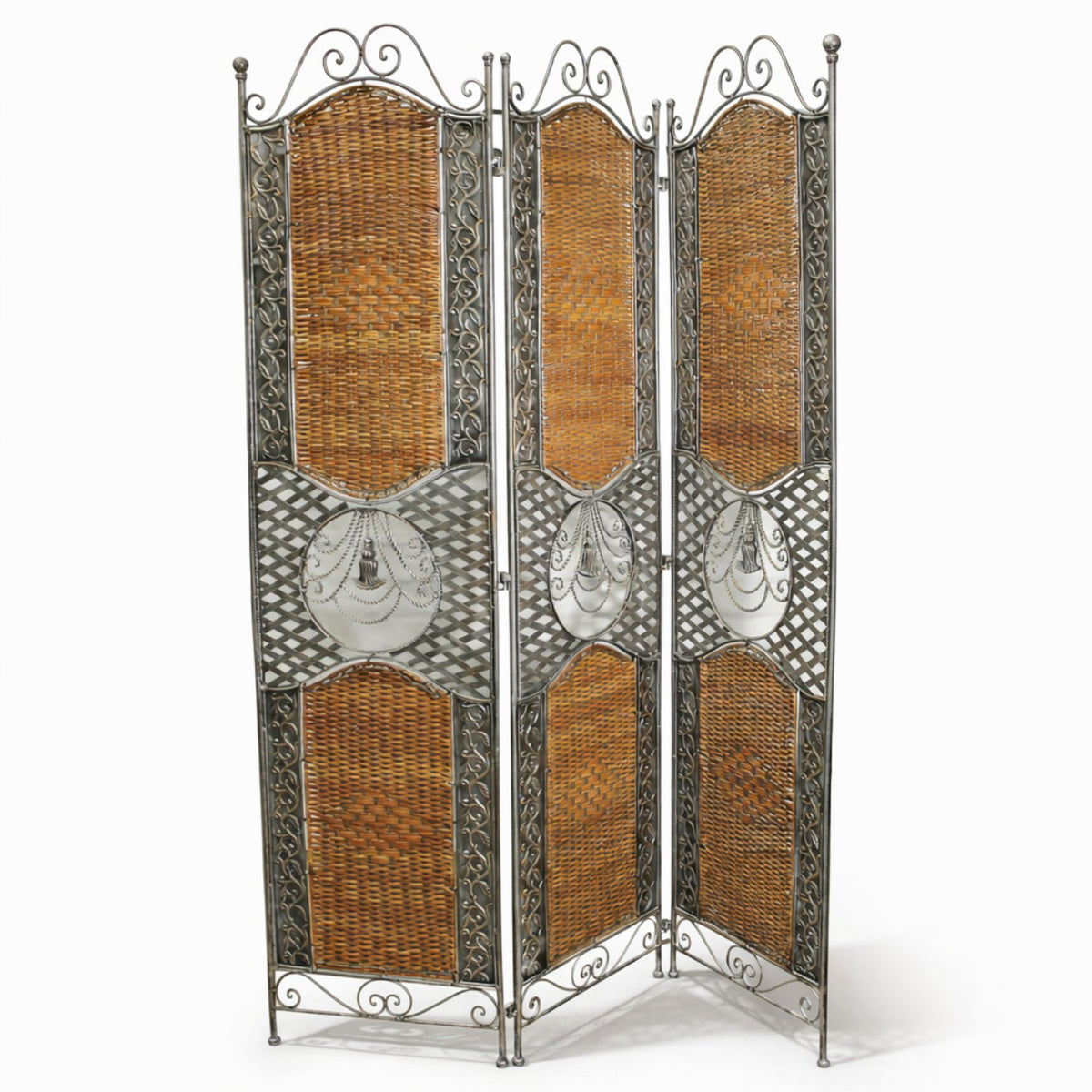 3 Panel Wicker & Metal Room Divider