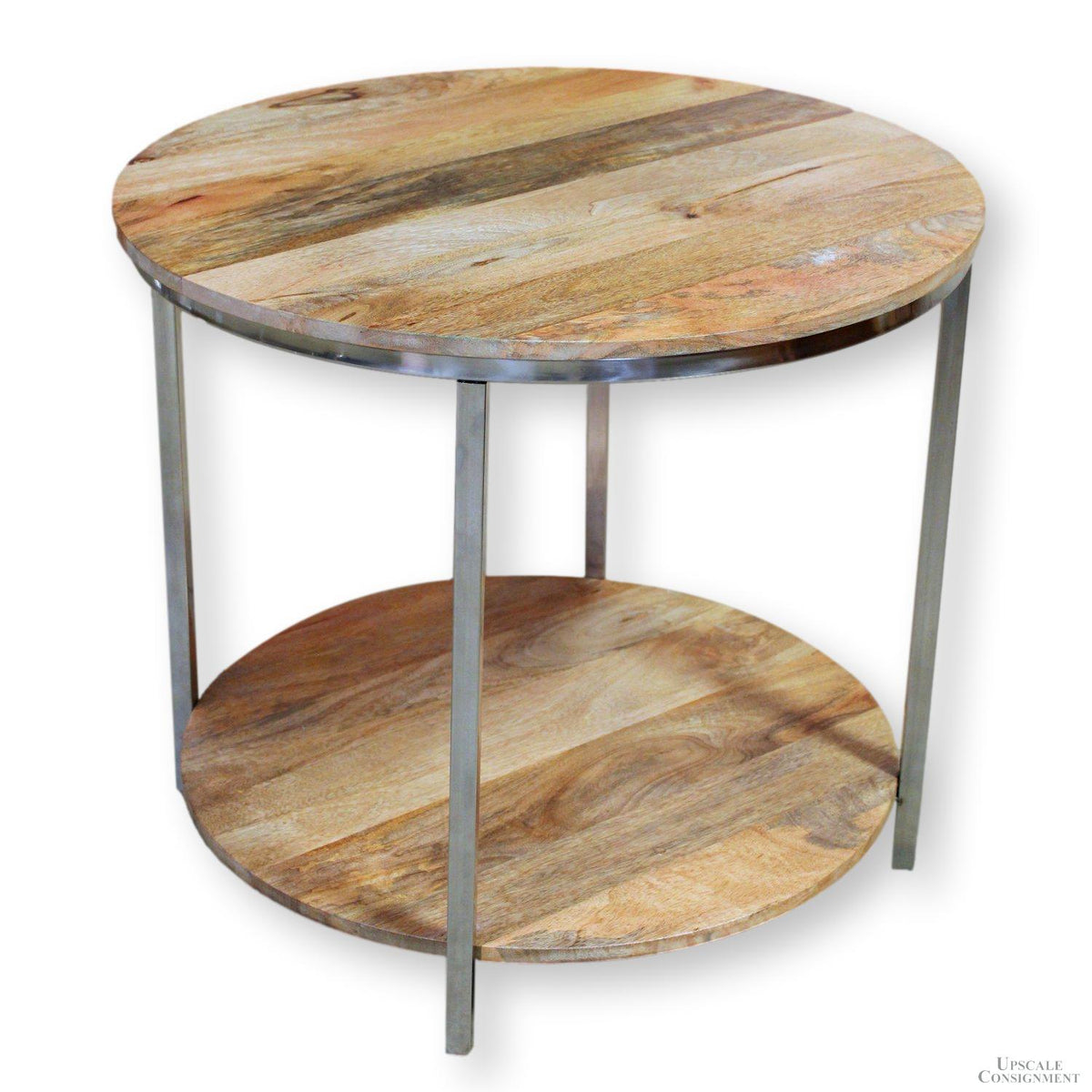 Round Tropical Wood & Chrome Accent Table