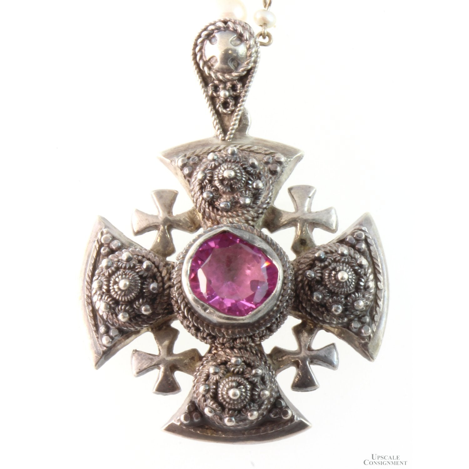 Bethlehem Jordan Silver Jerusalem Cross Pendant - Synthetic Pink