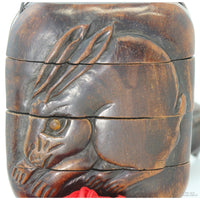 Vintage Asian Carved Rabbit Compartment Box w/Inset Eyes