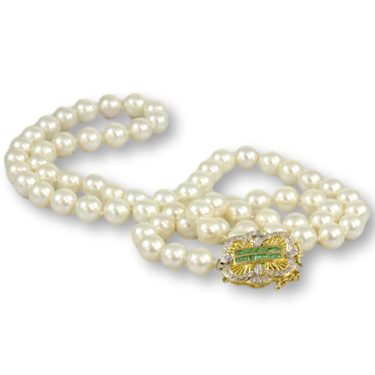 24" Cultured Pearl Strand -  Emerald & Diamond 14K Clasp