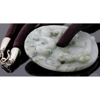 Large Carved Jadeite Jade Bi Disc Pendant Necklace & Silk Corded Necklace, Dragon