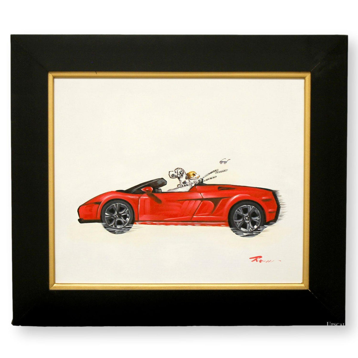 Original Painting Whimsical Dogs in a Red Sports Car