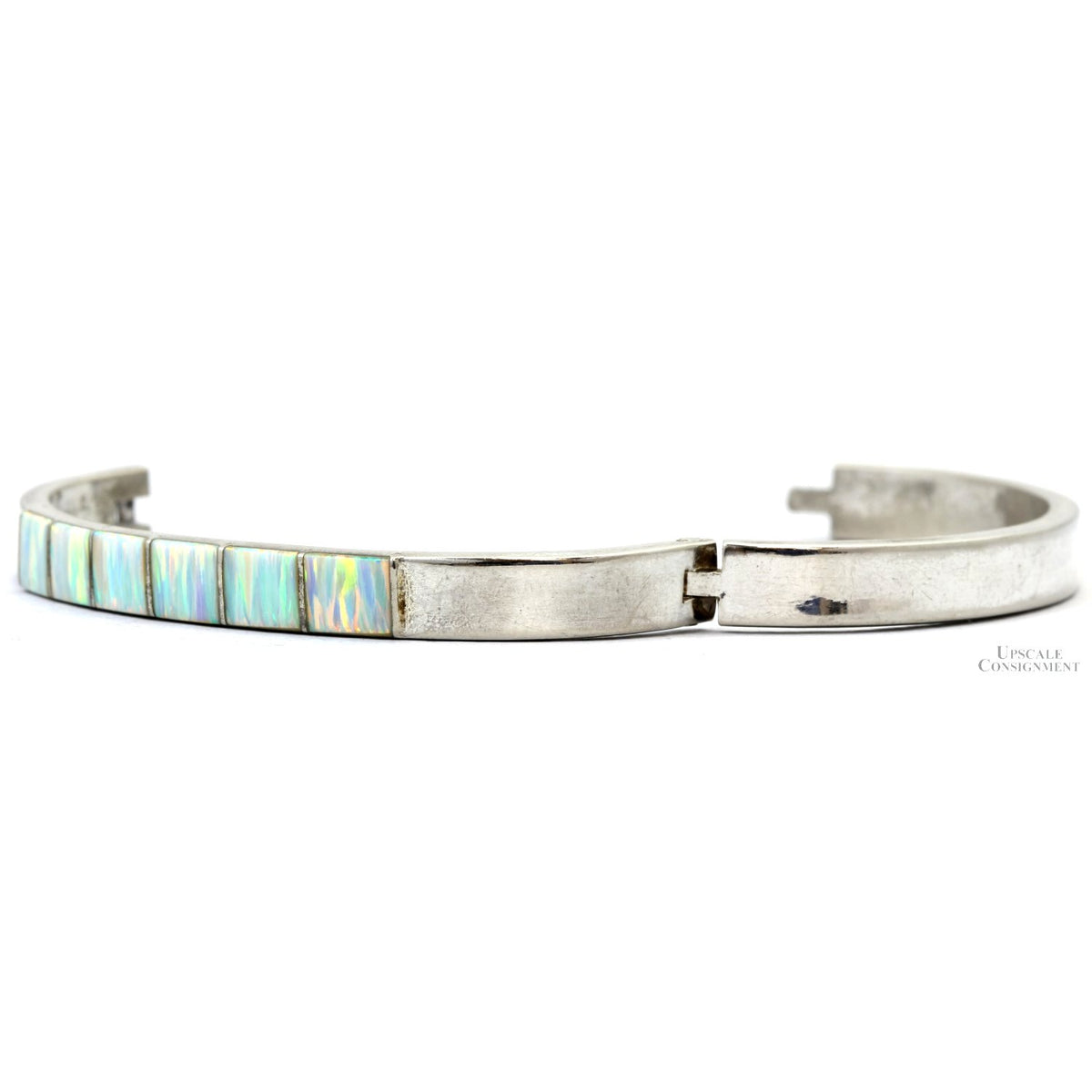 Vintage Sterling Silver White Opal Inlay Hinged Bangle