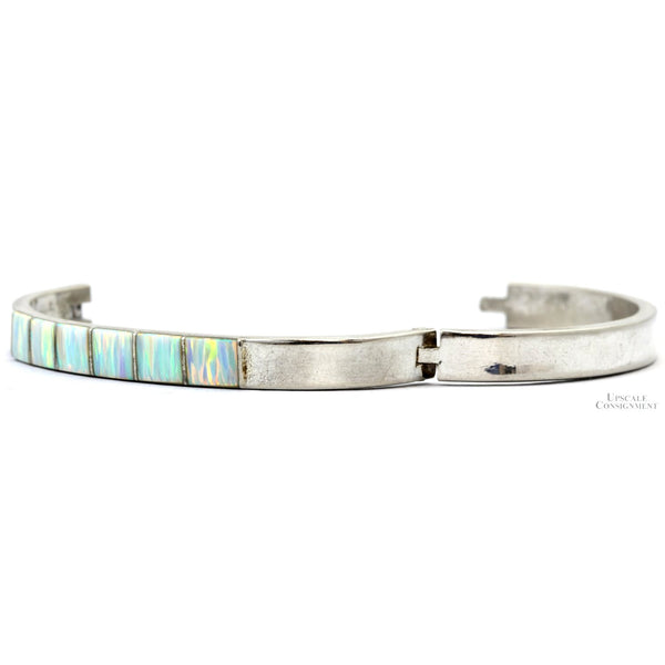 Vintage Sterling Silver White Opal Inlay Hinged Bangle