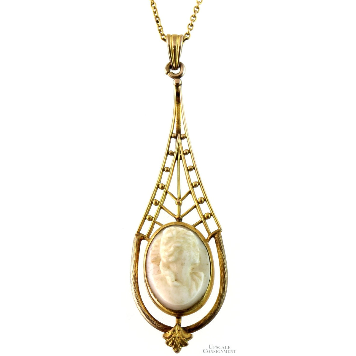 Carved Helmet Shell Cameo Pendant Necklace in 14K Gold, Circa 1935–1955