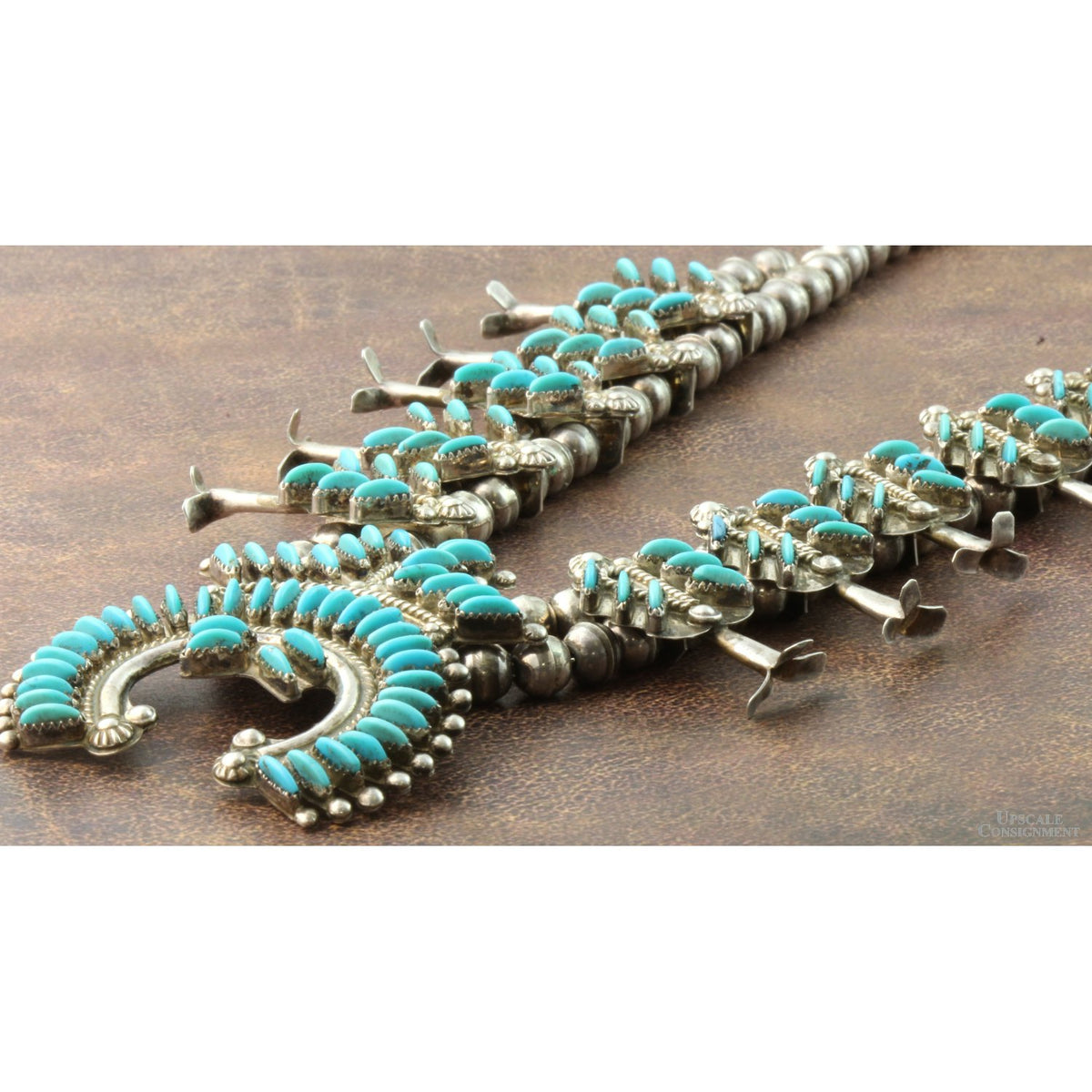Zuni Needlepoint Turquoise & Sterling Silver Squash Blossom Necklace
