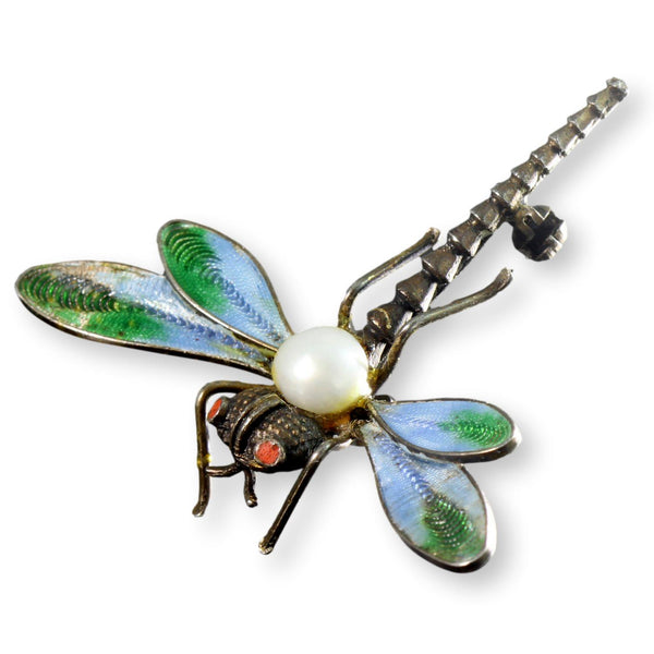 Italian Dragonfly Brooch | Coral, Pearl & Light-Transmitting Plique-à-Jour-Style Enamel