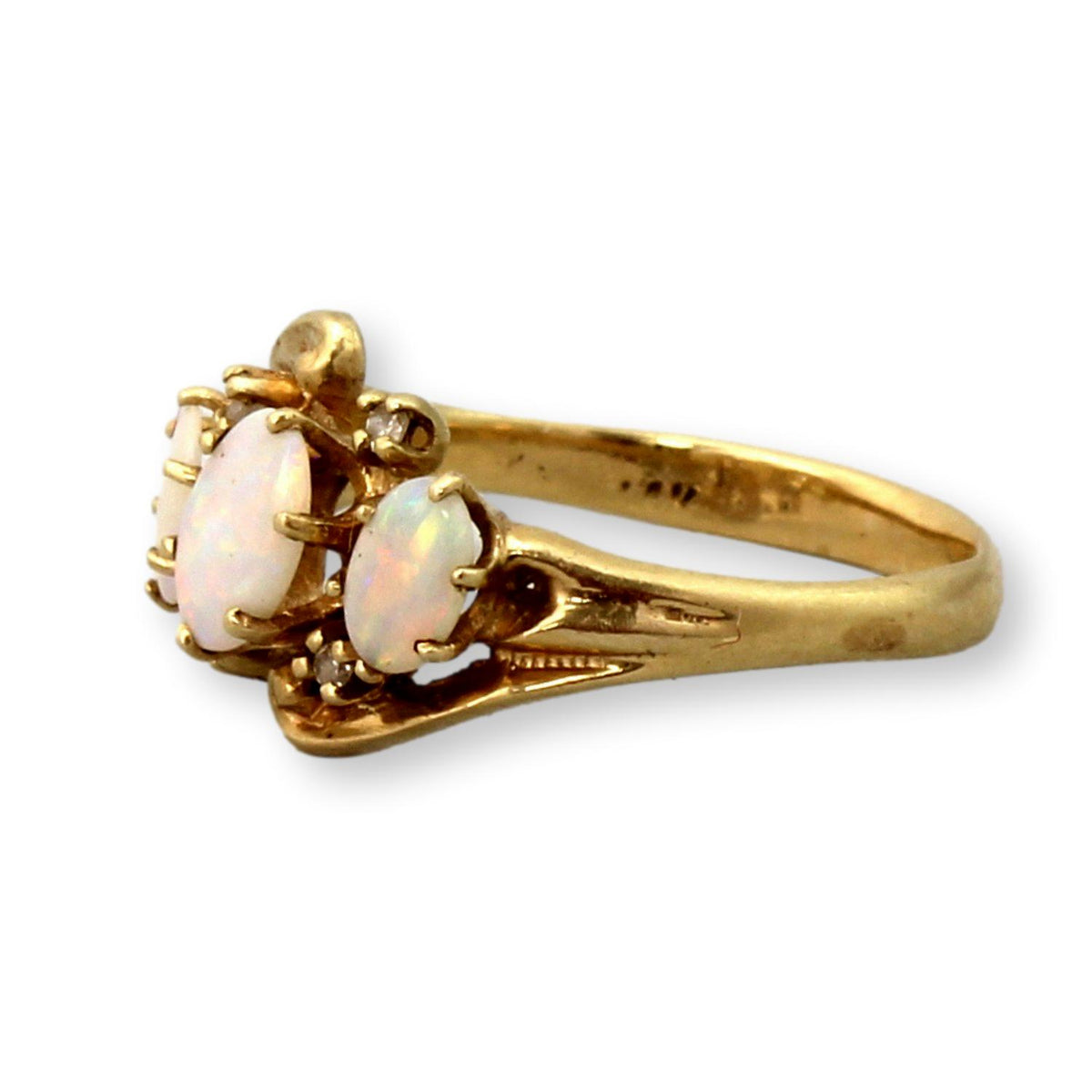 Vintage 14K Yellow Gold Natural Opal & Diamond Ring – Three Stone Opal Ring