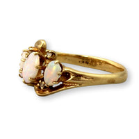 Vintage 14K Yellow Gold Natural Opal & Diamond Ring – Three Stone Opal Ring