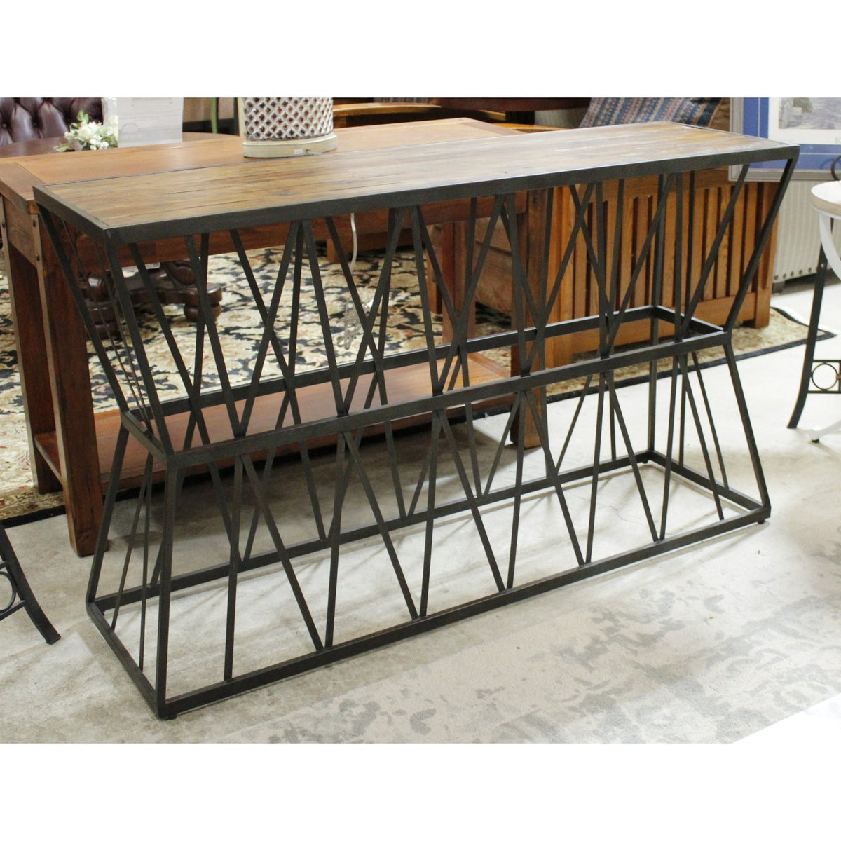 Hooker Furniture Rustic Plank & Metal Strap Console Table