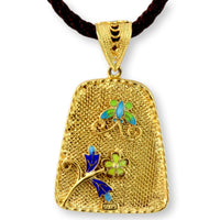 18K Gold Vermeil Filigree Design Enamel & Amber Pendant & Cord