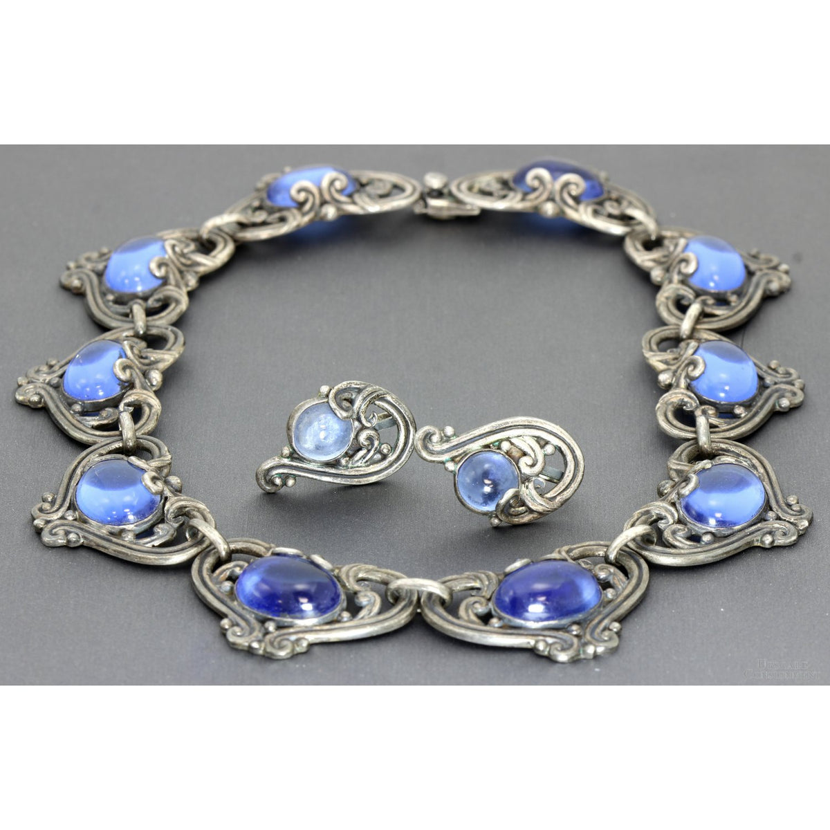 Margot de Taxco #5213 Hearts Sterling Silver Necklace & Earring Set with Sapphire-Blue Glass Cabochons