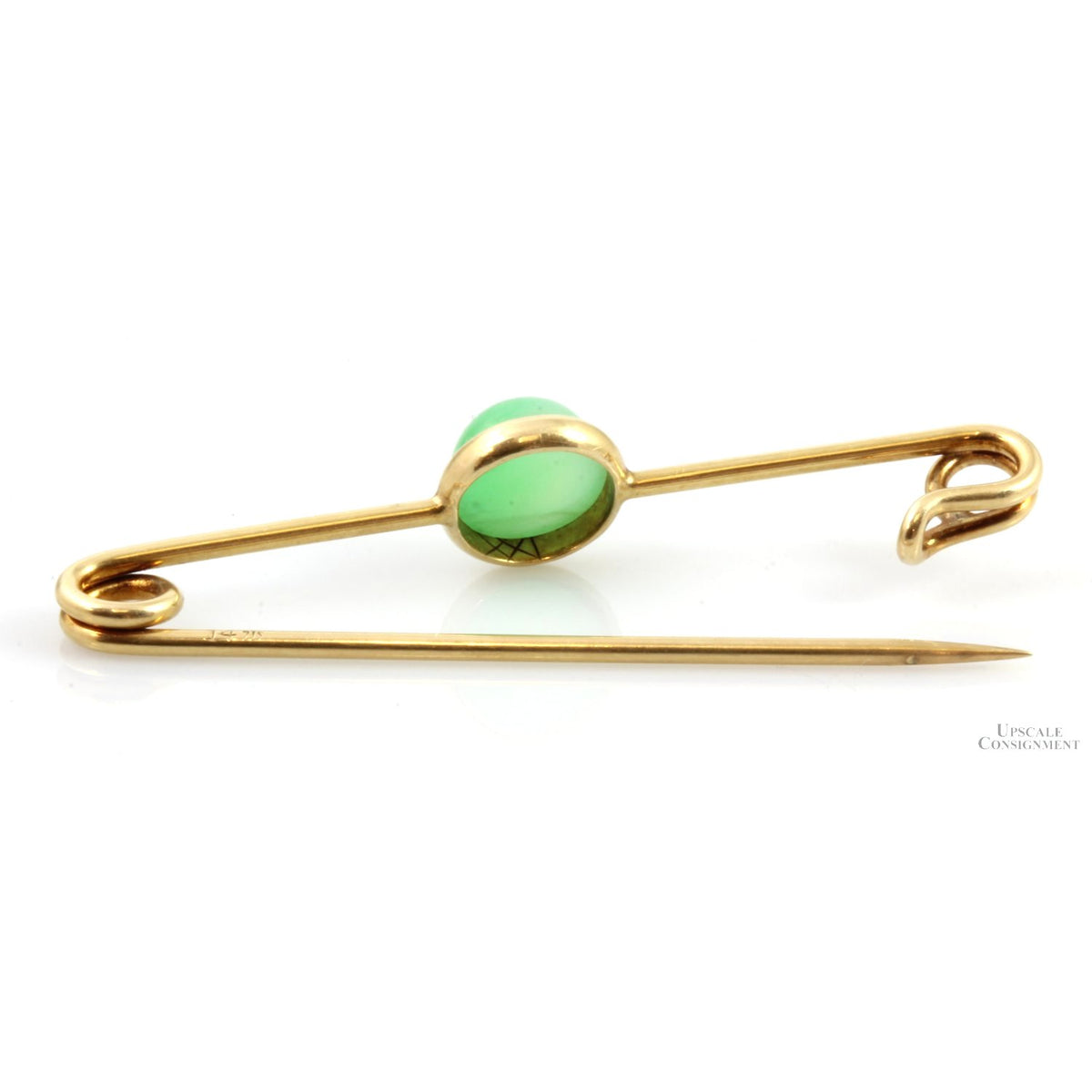 14K Gold Apple Green Jadeite Jade Safety-Pin Design Brooch