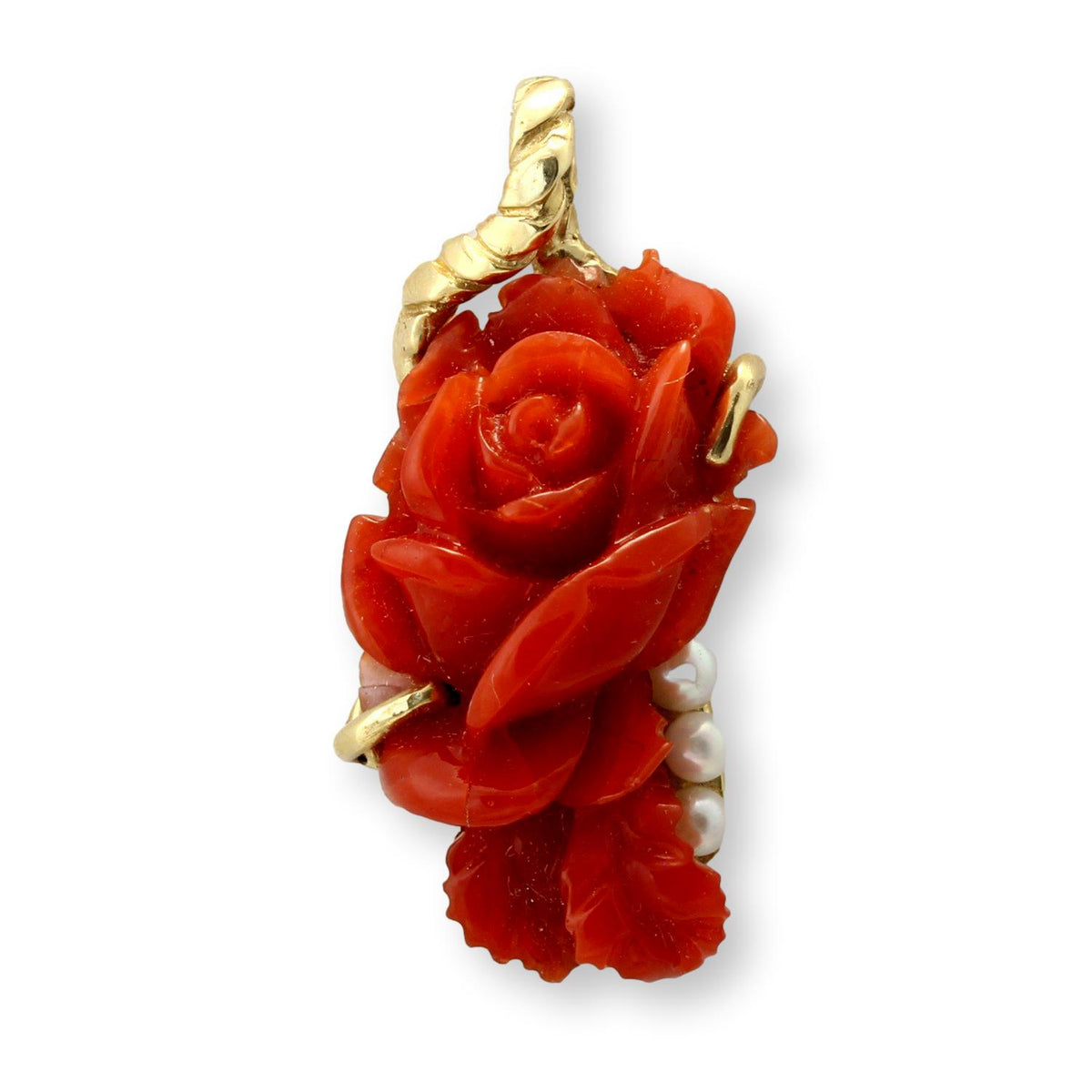 Custom 14K Gold Carved Coral Rose & Pearl Pendant
